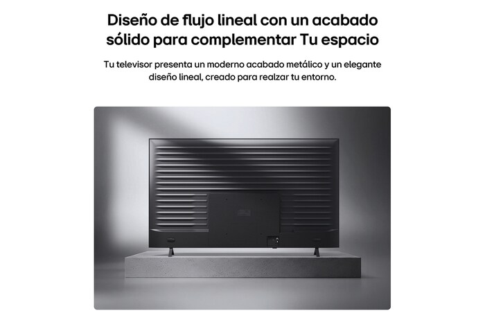 LG QNED AI QNED74 Mini LED is shown from the back, revealing a metallic rear panel with evenly spaced horizontal ridges that create a clean, structured look and emphasize the Linear Flow Design across the entire surface.